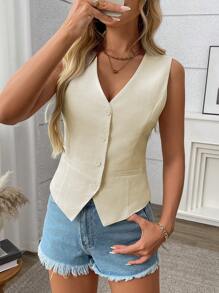 Leinen Tank Tops mit geraffter Taille, modischer und eleganter Pendler-Weste, einfarbige Leinenweste mit Fake-Tasche, geeignet für Lässig, Dates, Urlaub, Reisen, Geburtstagsfeiern, Frühling/Sommer/Herbst
