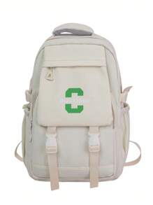 Large Capacity Water-Resistant Letter Print Flap Buckle Multi-Pocket Functional Backpack, Unisex Casual Campus Style School Student Travel Bag