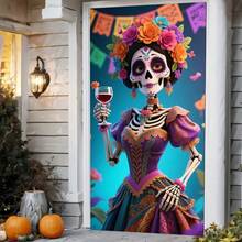 2D 横幅，1 个墨西哥亡灵节和万圣节派对装饰 - 彩色聚酯材料，带有糖头骨、金盏花和剪纸风车图案，适合室内和室外活动，无需电力，墨西哥主题派对装饰 - 彩色 - 查看 6