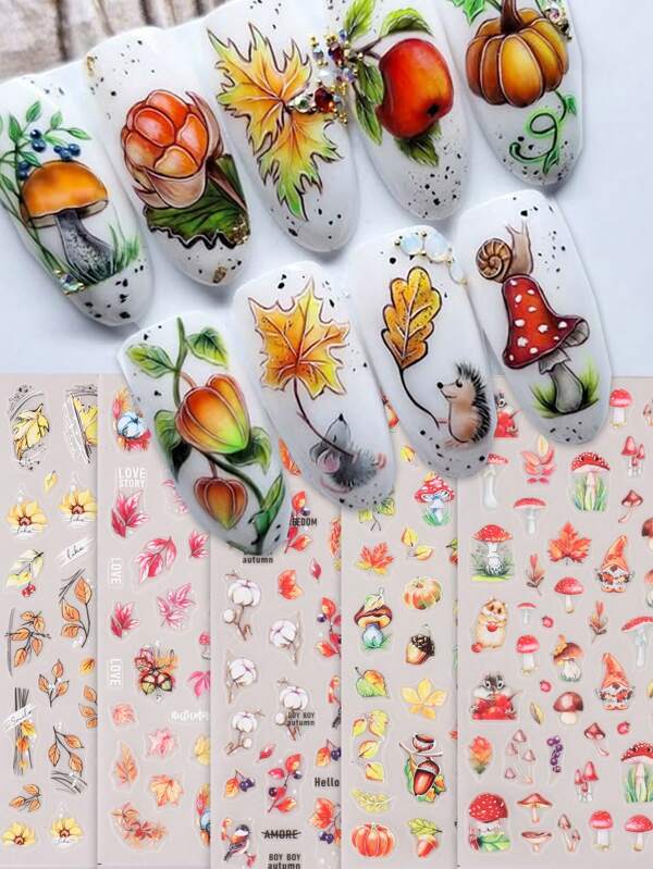5pcs Nail Art Stickers, Autumn Maple Leaf Mushroom Squirrel Hazelnut Flower Pattern Self-Adhesive Nail Decals, DIY Nail Salon Nail Art Decoration, Charm Nail Supplies
