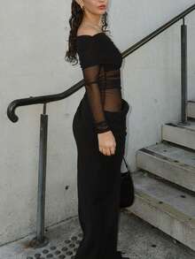 性感淑女网眼拼布镂空露肩长裙 - 黑色 - 查看 6