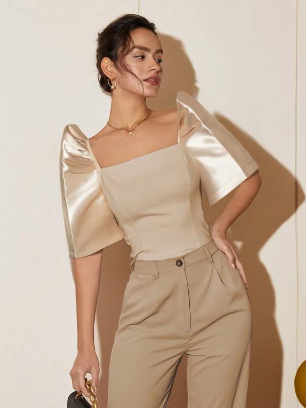 Amyenjoylife Modern Filipiniana Women's Spring And Summer Solid Color Bubble Sleeves Standing Sleeves Square Collar Elegant Shirt Short Top Bolero Filipiniana For Women