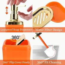 Orange Bathroom Accessories Set, Bathroom Sets With Shower Curtain, Orange Bathroom Accessories With Trash Can, Soap Dispenser, Soap Dish, Toilet Brush Holder, Qtip Holders For Bathroom - Coral Orange - View 5