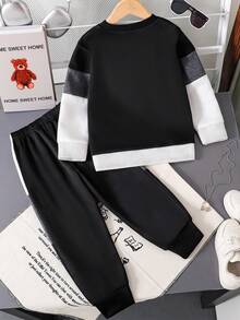 Conjunto de moletom e calça com estampa de letras e contraste de cores para meninos adolescentes - Preto - Ver 3