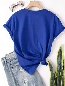 Camiseta gráfica de ritmo cardíaco casual para mujer - Manga corta, cuello redondo, beige con diseño de ritmo cardíaco negro, tejido de poliéster suave, perfecta para ropa casual, camiseta de mujer - Azul - Ver 2