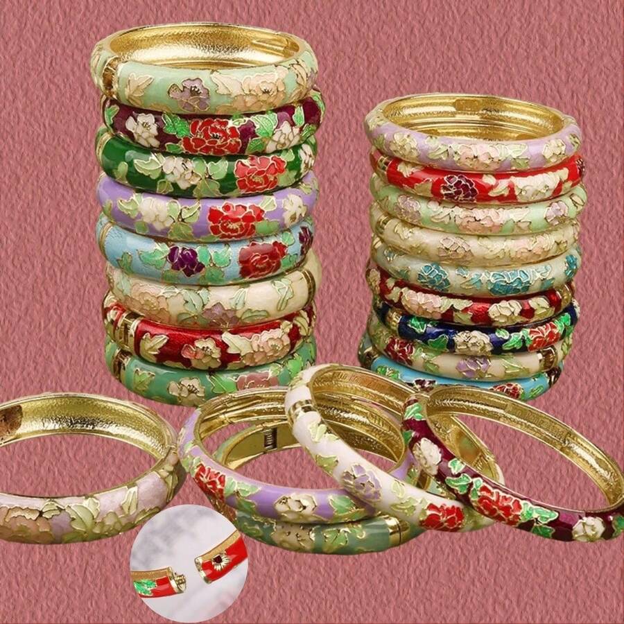 Cloisonne Floral Open Cuff Bracelet, Oil Drop Alloy Bangles, Gifts For All, Various Sizes Available - Enamel Cloisonné Bracelet With Peony Pattern - View 1