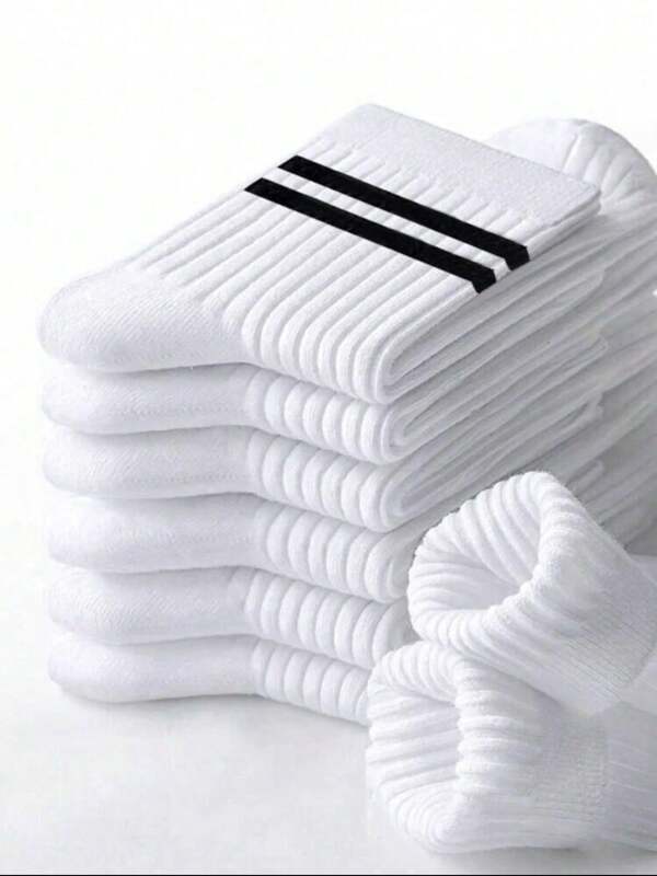 10 Pares/5 Pares Meias Listradas Pretas e Brancas Grossas Até a Panturrilha, Meias Confortáveis, Respiráveis para Negócios e Uso Casual. Série Tubarão, Meias Esportivas Macias, Leves, Resistentes a Odores para Homens e Mulheres, Quentes para Outono/Inverno