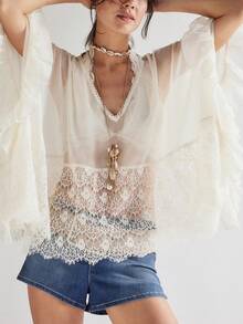 Womens Y2K Lace Patchwork Frill Poncho Tops Solid Color See Through Batwing Sleeve V Neck Ruffle Hem Loose Fit Sheer Mesh T Shirts Blouses Boho Peplum Shawl Shirts Summer Going Out Tops Beach Cover Up Vacation Streetwear - 白色 - 查看 1