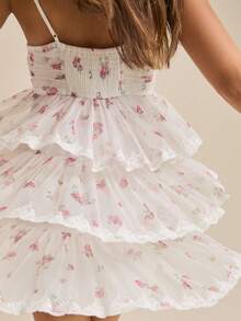 Women Y2K Floral Layered Mini Dress Spaghetti Strap V Neck Ruffle Hem Tiered Mesh Flowy Short Dress Summer Backless Sleeveless Ruched Going Out Cami Dress Party Beach Vacation Sundress - 白色 - 查看 5