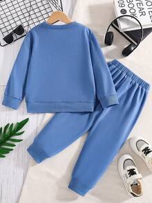 Tween Boy Letter Embroidery Crew Neck Sweatshirt And Pants Set - Blue - View 2