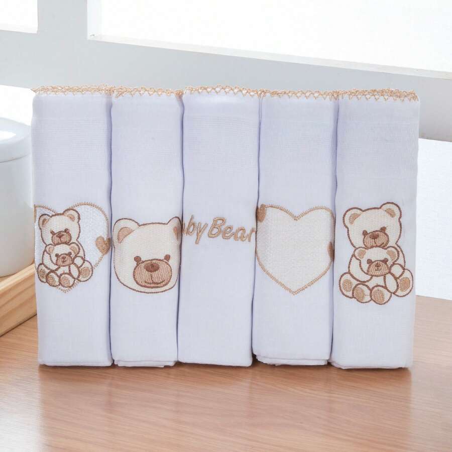 5 Piece Kit Embroidered Diapers Hypoallergenic Premium 100% Cotton Double Fabric Girl Boy 70X70 - 寶寶熊 - 查看 1