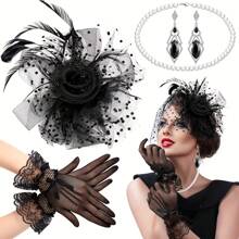 4 Paquetes de Accesorios de Estilo Flapper de los Años 20 para Mujeres que Incluyen 1 Diadema con Plumas, 1 Collar, 1 Par de Guantes, 1 Aretes Vintage para Halloween