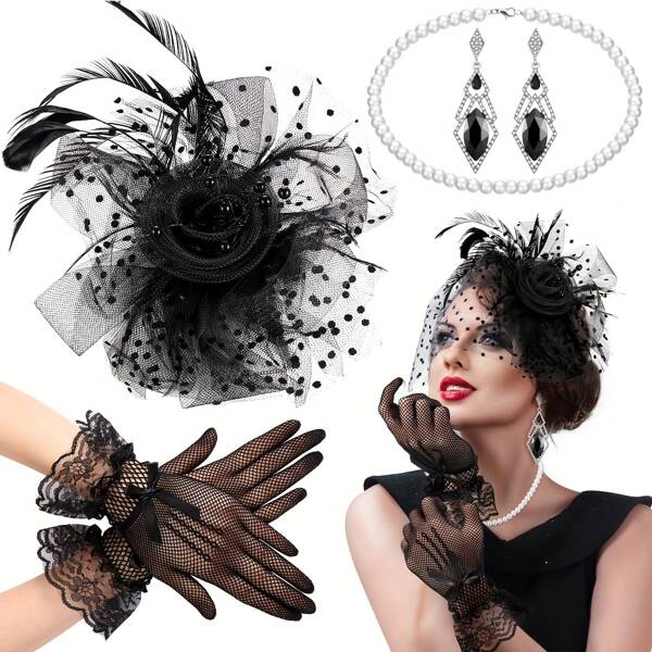 4 Paquetes de accesorios de mujer estilo flapper de los años 20, que incluyen 1 diadema con plumas, 1 collar, 1 par de guantes y 1 pendientes vintage