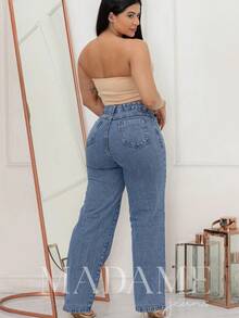 WOMEN'S HIGH WAIST PANTS, WIDE LEG, MEDIUM WASH, PREMIUM DENIM - 中等水洗藍 - 查看 4