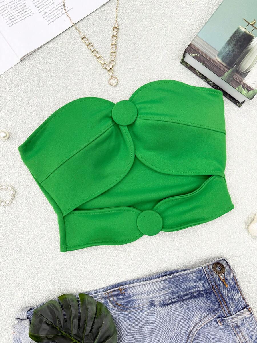 ELLIE Women's Strapless Crop Top With Button Details - 綠色 - 查看 1