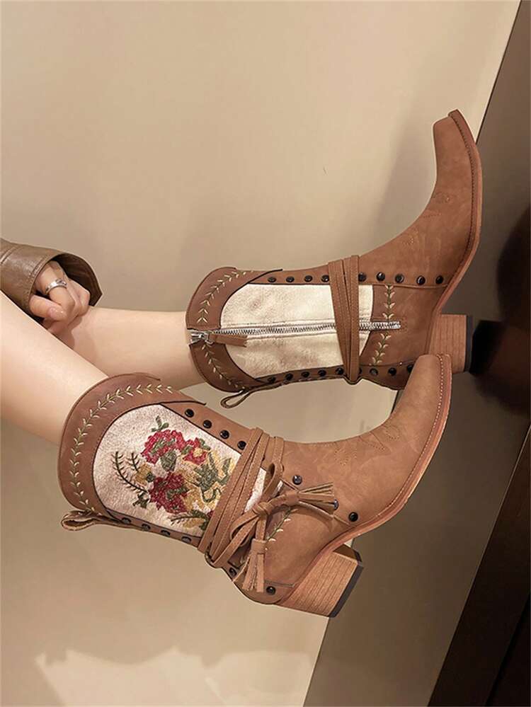 2025 New Vintage Embroidered Print Women's Boots, Chunky Heel Square Toe Side Zipper, Slimming Criss-Cross Strap, Fashionable Western Style Slip-On Short Booties, Commuting All Season Brown - Brown - View 2