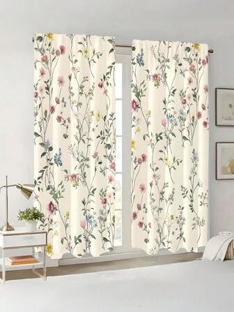 2pcs Floral Print Curtains, With Vibrant Flower Pattern Pole Pocket Bedroom Window Curtains, Suitable For Bedroom, Office, Kitchen, Living Room & Study - Spring/Summer Home Decor, Lightweight Polyester Fabric, Semi-Sheer, Machine Washable