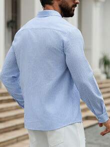 Plus Size Men's Casual Simple Fashion Striped Long Sleeve Button Down Collar Shirt, Comfortable Outfit For Spring And Autumn, Essential Casual Commuting Wear, Minimalist Style Top