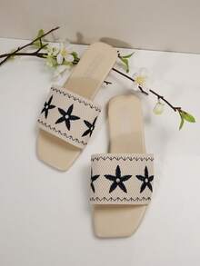 女士凉鞋，米色鞋，蓝色花卉刺绣装饰人字拖，夏季鞋，平底沙滩拖鞋，适合购物和度假等休闲场合 - 繡花藍 - 查看 3