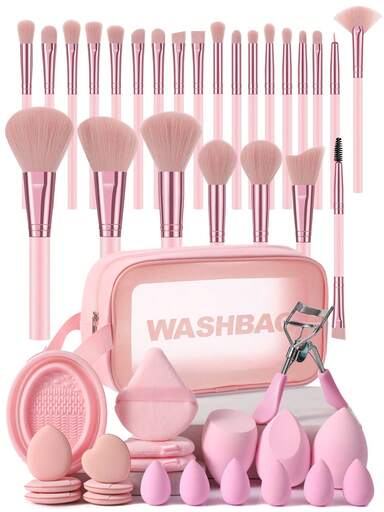 46Pcs Professional Makeup Tools , 25 Face & Eye Makeup Brushes, Mixed Size Sponges, Triangle & Finger Powder Puffs, Silicone Cleaning Bowl, Eyelash Curler, Waterproof Storage Bag, Versatile Washable Daily Facial Makeup Applicators