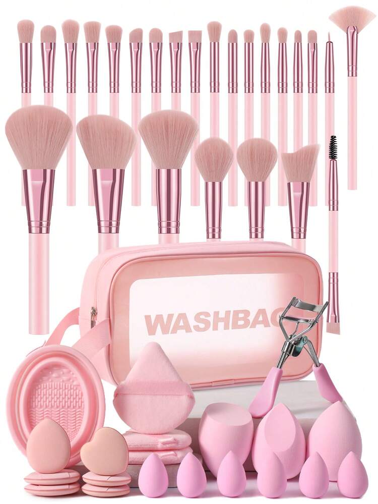 46 件专业化妆刷套装，适合初学者，包括 25 件化妆刷（粉底刷、散粉刷、腮红刷、高光刷、眼影刷、眼线刷、轮廓刷、细节刷）、3 件化妆海绵、3 件化妆海绵粉扑（用于散粉和液体化妆品） - 粉色 - 查看 1