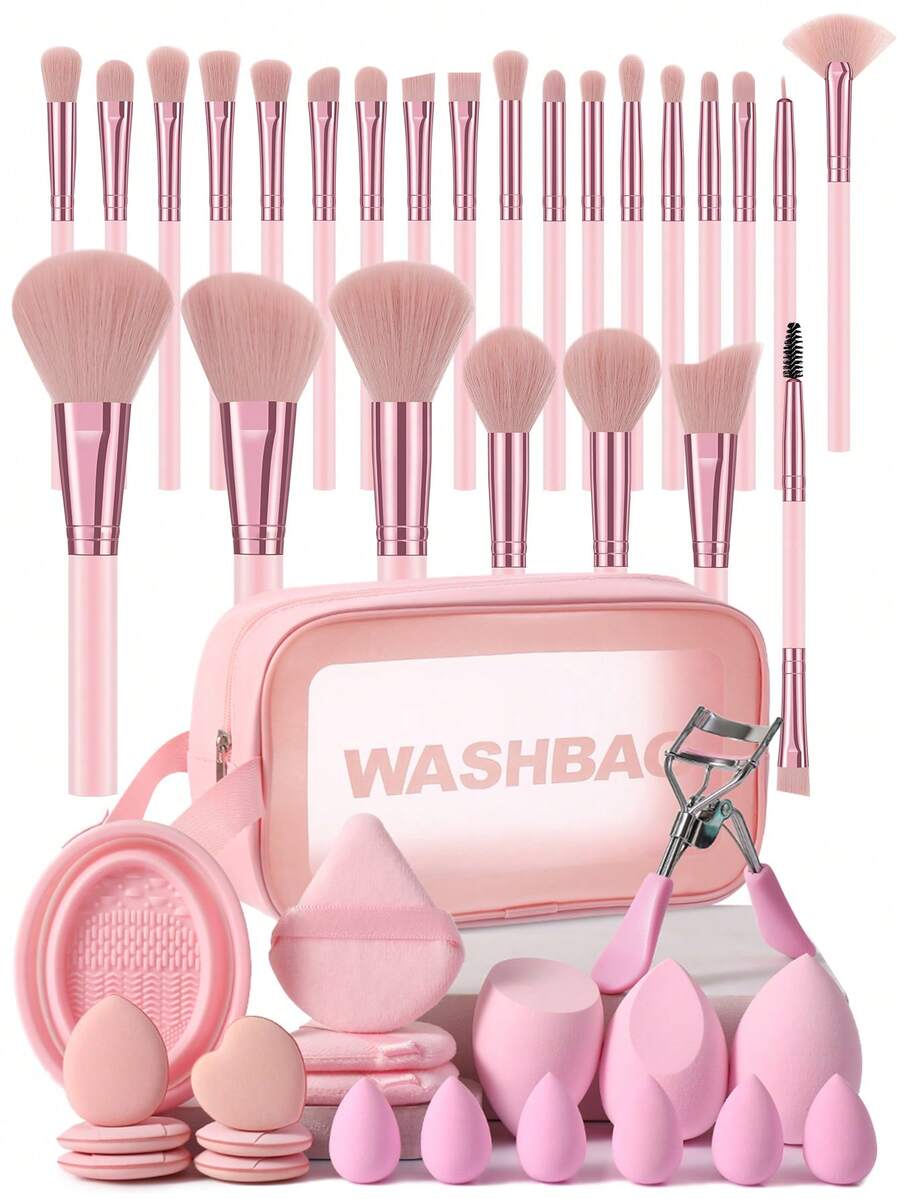 46 件专业化妆刷套装，适合初学者，包括 25 件化妆刷（粉底刷、散粉刷、腮红刷、高光刷、眼影刷、眼线刷、轮廓刷、细节刷）、3 件化妆海绵、3 件化妆海绵粉扑（用于散粉和液体化妆品） - 粉色 - 查看 1
