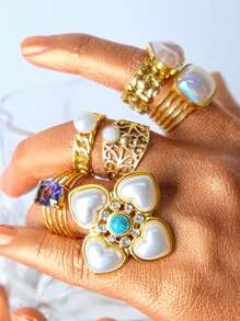 1 anel de coquetel banhado a ouro em aço inoxidável estilo retrô vintage com pérolas, turquesas e decorações de pedras preciosas coloridas, design floral vazado, adequado para festas noturnas e eventos temáticos retrô