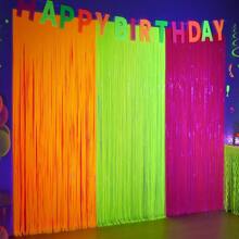 Glow In The Dark Party Supplies, 3Pcs Neon Party Decorations 9.9 X 6.6 Ft Fluorescent Macaron Orange, Yellow And Fuchsia Tinsel Foil Fringe Curtains, Glow Photo Booth Prop Backdrop Streamer