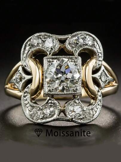 1pc Women's High Quality Clover Flower & Star Ring, 4g 925 Sterling Silver, 0.5ct Round Moissanite, Elegant Regal Style Jewelry, Engagement/Wedding/Anniversary Gift With Moissanite Certificate And Delicate Gift Box