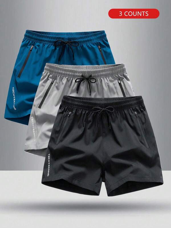 Men's Zipper Pocket Black, Navy Blue, Grey Drawstring Waist Relaxed Casual Shorts