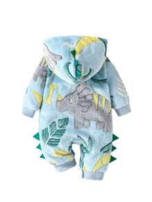 Pelele con capucha suave de niño pequeño, diseño casual con estampado de dinosaurio, abotonadura delantera, manga larga, mono para bebés e infantes, conjunto de otoño - Azul - Ver 8
