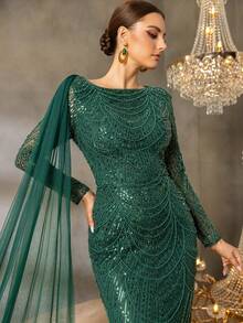 Faeriesty 优雅长袖串珠晚礼服，女士款——薄纱垂褶袖，亮片点缀的美人鱼廓形，修身喇叭裙摆，适合奢华婚礼、红毯盛典、正式晚宴及春假派对等场合。 - 墨綠色 - 查看 8