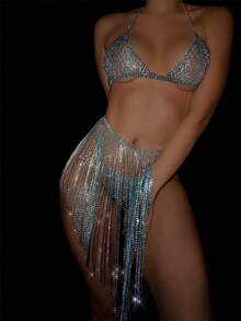 Sky Blue Crystal Embellished Bra, Thong, Body Chain Set - Lake Blue - View 6