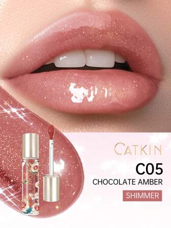  Brillo de labios voluminizador CATKIN, hidratante y tintado, da talla grande volumen a los labios, no pegajoso, acabado brillante, hidratación duradera C05 Ámbar Chocolate