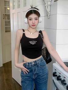 女士性感无袖刺绣露脐上衣，修身剪裁，甜美风格，适合夏季街头休闲穿着，黑色 - 黑色 - 查看 5