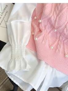女士时尚优雅珍珠针织无袖毛衣背心，春夏