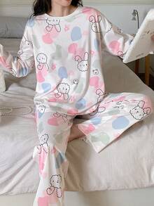 AICJ 2pcs/Set Women Cartoon Bear Print Casual Pajama Set, Long Sleeve Round Neck Top And Long Pants, Comfortable Loose Fit, Suitable For Spring,Autumn,Winter Home Wear, Fall Clothes