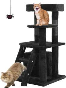 Gothic Cat Tree With Scratching Post, 32.6" Goth Cat Tower With Coffin Bed, Soft Cushion Platform, Spider Hanging Ball, Cozy Condo, Pet Furniture Climbing Tower For Indoor Cats, Black