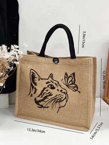 猫咪蝴蝶主题手提包套装：女士手提包和化妆包，包括一个亚麻卡通猫咪图案手提包和一个小包/零钱包，印有猫咪和蝴蝶图案，可作沙滩手提包、时尚大容量化妆包、旅行化妆包、纯色拉链包，适合上学、大学、通勤、生日等场合。