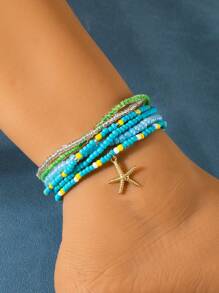Set da 6 cavigliere stile boemico da spiaggia, stile vacanza, multicolore, perline, cavigliere in lega con pendente a forma di stella marina (fatto a mano, quantità e colori delle perline casuali)