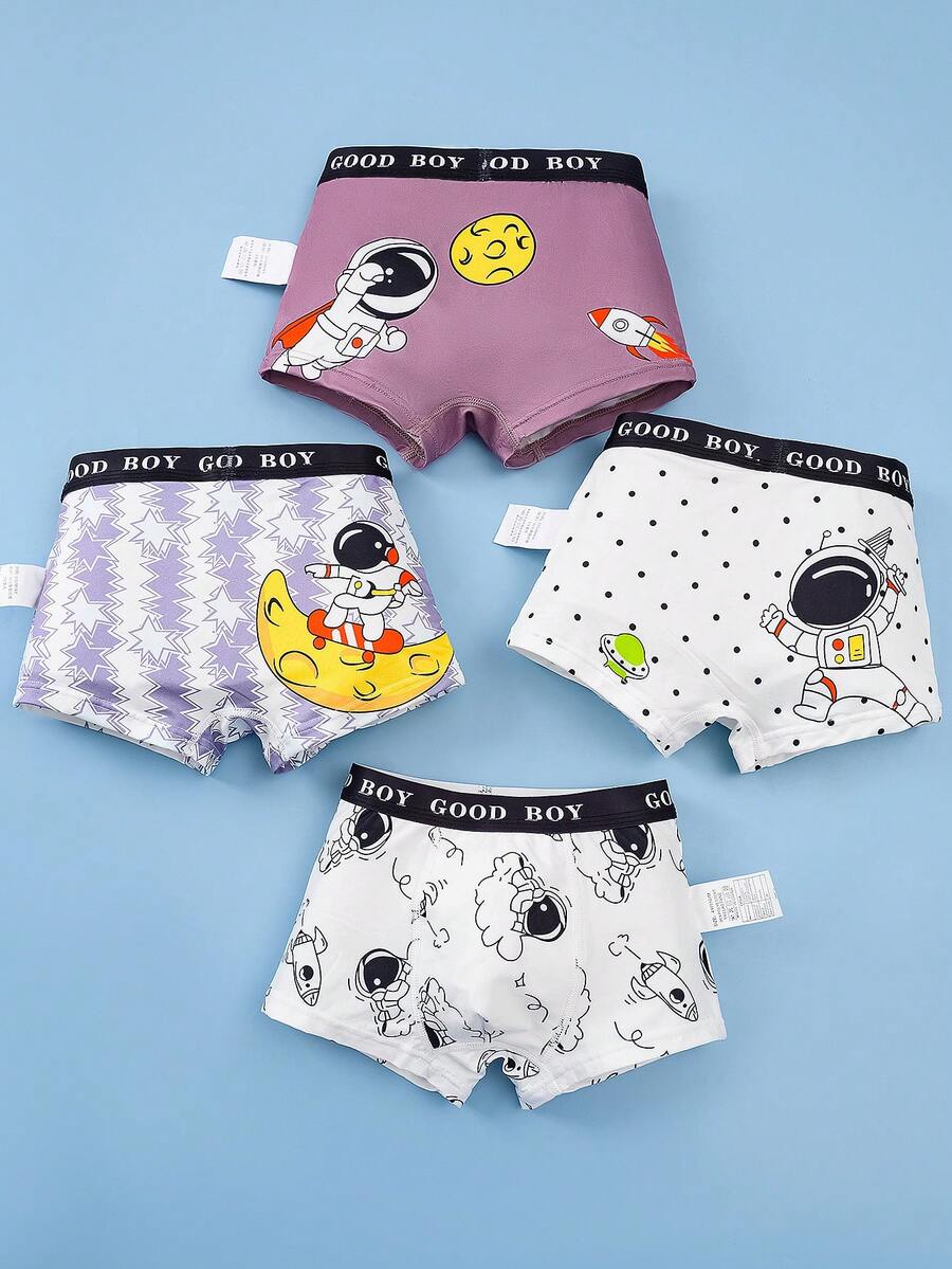 4pcs Boys' Comfortable Soft Breathable Cartoon Astronaut Print Boxer Briefs, Toddler/Little/Big Kids - Multicolor - View 1
