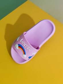 1 par de chanclas planas de EVA con arcoíris y unicornio para niños, adecuadas para uso en interiores/exteriores, hogar, baño, verano