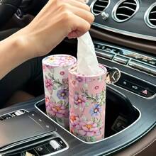 Kompakter rosa-weißer Blumen Auto Taschentuchhalter - passt in den Getränkehalter, inklusive Taschentücher, perfekt für Reisen & Verwendung Zuhause. Kompakter Blumenfahrzeug-Taschentuchhalter - Blumendesign in rosa und weiß, Papierrolle für Autositz, Reise-Taschentuchbehälter für Getränkehalter