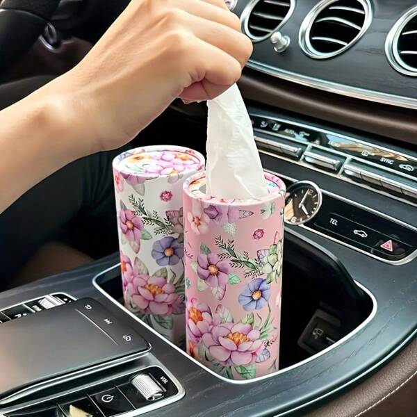 Compact Pink White Floral Car Tissue Holder - Fits Cup Holder, Includes Facial Tissues, Perfect For Travel & Home Use Compact Floral Car Tissue -Pink White Flowers Car Tissues Box Holder, Cylindrical Paper Tube For Car Seat,Travel Tissue Cylinder For Car Cup