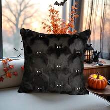 1pc 3D Plush Bat Throw Pillow Cover, Gothic Dark Halloween Witch Theme Decorative Cushion Case, 18" X 18", For Living Room Sofa Bedroom Halloween Decor, Pillow Insert Not Included - Black - View 5