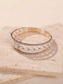 1 pièce Bracelet élastique avec 3 rangs de cristaux artificiels et de perles, de conception européenne et américaine, élégant pour les mariées et les mariages
