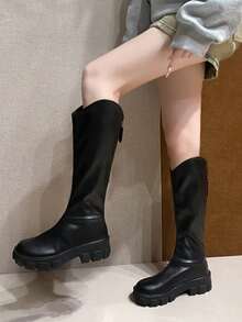 V-Cut Non-Knee High Black Boots For Women, 2025 Autumn/Winter New Round Toe Thick Sole Back Zipper Increased Height Fashion Boots - Black - View 7