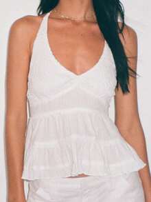 Women's Y2K Backless Lace Halter Tops Solid Color Ruffled Hem Crop Tops Summer Sleeveless Low Cut Vest Shirts Going Out Tops Club Streetwear - White - View 5