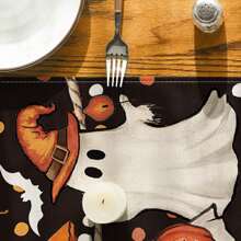 1 pieza Camino de mesa con fantasma negro y gato negro, decoración de mesa de Halloween con calabaza de puntos, bandera de gabinete de lino con diseño de dibujos animados lindos, adecuado para decoración de mesa de Halloween, fiestas, interiores/exteriores, regalo