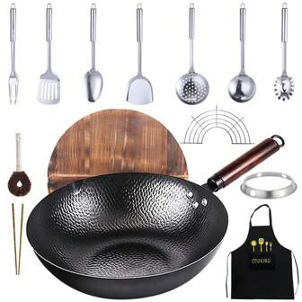 12.6" Carbon Steel Wok-11Pcs Woks & Stir Fry Pans Wok Pan With Lid, No Chemical Coated Chinese Wok With 14 Cookware Accessories, Flat Bottom Wok For Electric, Induction,Gas Stoves